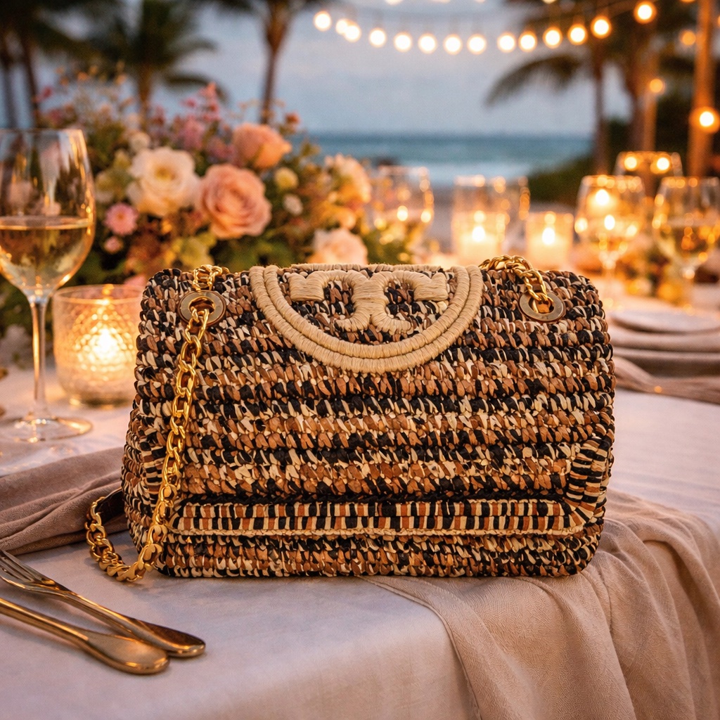 New Tory Burch Soft Fleming Classic Cuoio Tan Raffia Convertible Shoulder Bag
